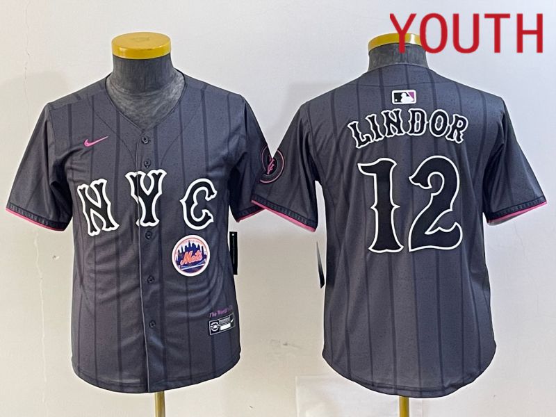 Youth New York Mets #12 Lindor Black City Edition 2024 Nike MLB Jersey style 5->youth mlb jersey->Youth Jersey